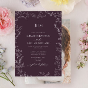 Elegant Plum Lila Löv Photo Monogram Bröllop Inbjudningar