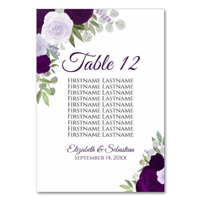 Elegant Plum Lila Ro Bröllop sätesdiagram för  Bordsnummer (Framsidan)