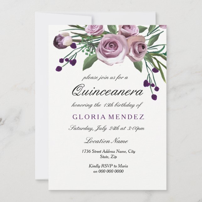 Elegant Plum Lila Ro Quinceanera-inbjudan Inbjudningar (Framsida)