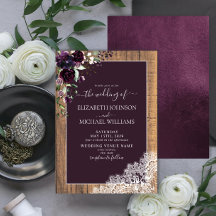 Elegant Plum Lila Rustic Wood Script Bröllop