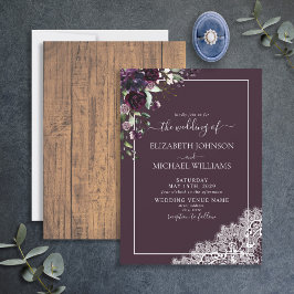 Elegant Plum Lila Rustic Wood Script Bröllop Inbjudningar