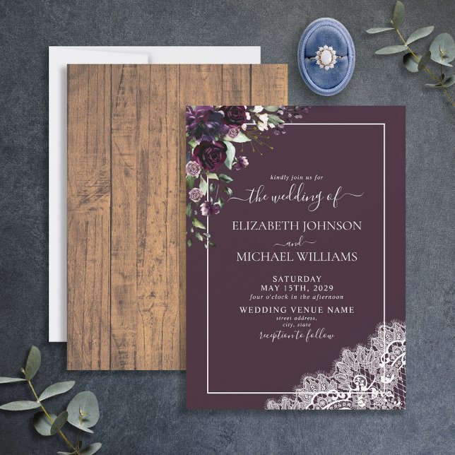 Elegant Plum Lila Rustic Wood Script Bröllop Inbjudningar (Skapare uppladdad)