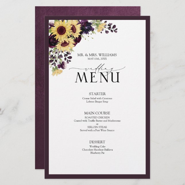 Elegant Plum Lila Solros Bröllop Menu (Fram/baksida)