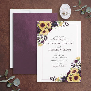 Elegant Plum Lila Solros Watercolor Bröllop Inbjudningar
