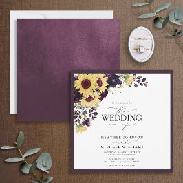Elegant Plum Lila Solros Watercolor Bröllop Inbjudningar