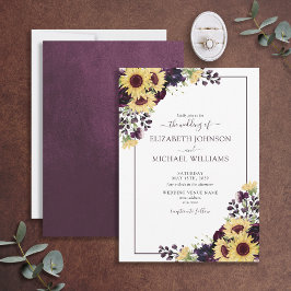 Elegant Plum Lila Solros Watercolor Bröllop Inbjudningar