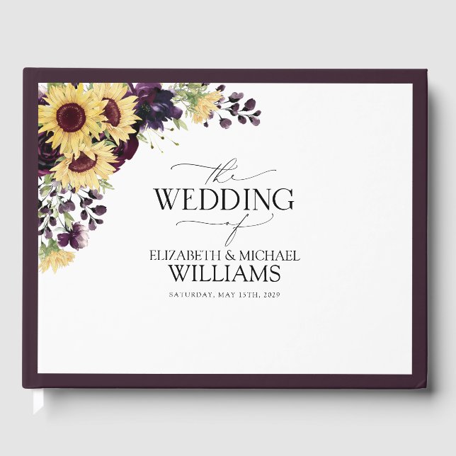 Elegant Plum Lila Solrosfärgen Watercolor Gästböcker (Framsida)