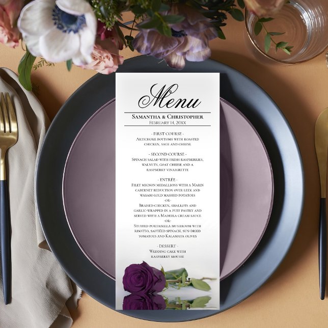 Elegant Plum Purple Rose Reflections Bröllop Meny (In Situ on Plate)