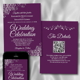 Elegant Plum Purple & Silver QR Code Wedding Inbjudningar