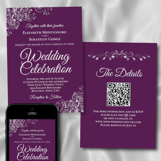 Elegant Plum Purple & Silver QR Code Wedding Inbjudningar (Front/Back/Downloadable)