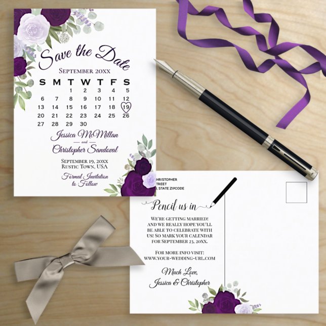 Elegant Plum Ro Bröllop spara datum Calendar Meddelande Vykort (Skapare uppladdad)