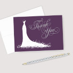 Elegant Plum Silver Bröllop Möhippa Gown Tack Kort<br><div class="desc">Elegant-möhippa eller bröllop "Tack"-anteckningskort för den snyggt som ska visas har ett ornerat calligraphy-skriptteckensnitt och en blommande bröllop-gryga. Rullans blomning,  blommor och fjäril-detaljer visar den eteriska klänningen. Minnat kortformat innehåller utrymme på insidan för ett handskrivet meddelande. Design färg omfattar vit,  platinum-grått och djup plommon/äggplanta/äggplanta-lila.</div>