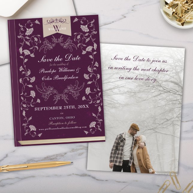 Elegant Plum Tan Bok Cover Bröllop spara datum Inbjudningar (purple and cream library book cover wedding save the date invitation cards with full photo)