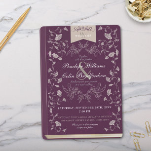 Elegant Plum Tan Vintage Blommigt Bok Cover Bröllo Inbjudningar