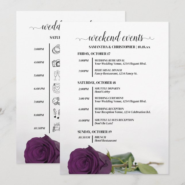 Elegant Plumprinsessa Bröllopshändelser & Tidslinj Program (Fram/baksida)