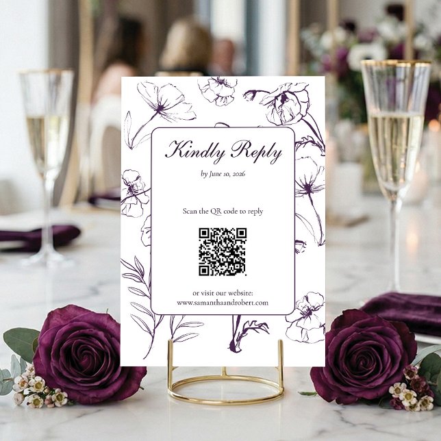 Elegant PlumPurple Floral Line Art QR Code Wedding OSA Kort (Beautifully modern RSVP. Scan the QR code and say yes! 🥂)