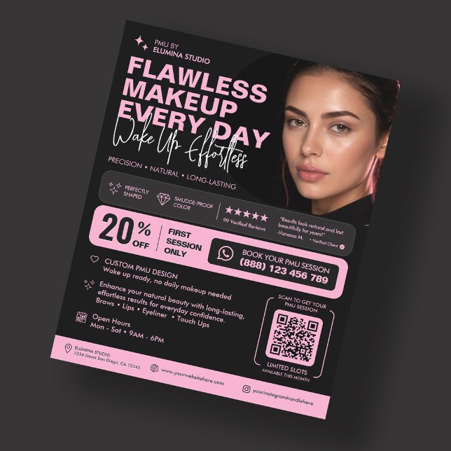 Elegant PMU-konstnär Estetisk Skönhet Rosa Svart Flygblad (Elegant PMU Artist Aesthetic Beauty Pink Black Flyer
)