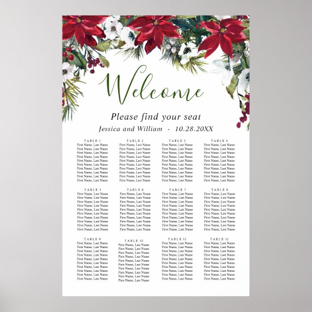 Elegant Poinsettia 12 Bord Bröllop SEATING CHART Poster (Framsidan)