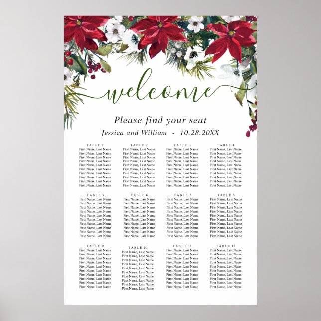 Elegant Poinsettia 12 Bord Bröllop SEATING CHART Poster (Framsidan)