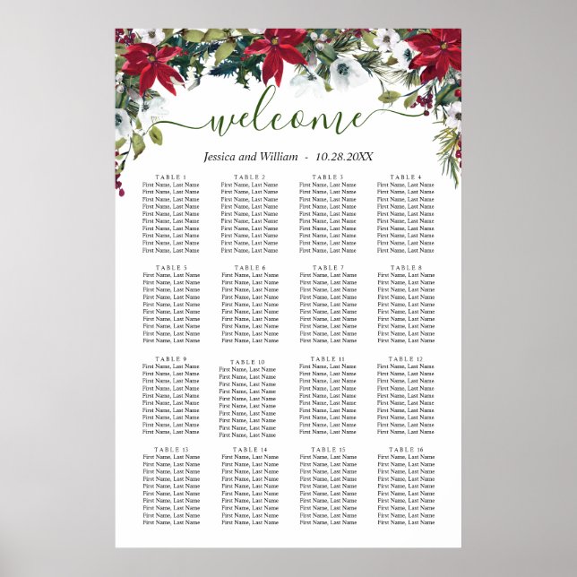 Elegant Poinsettia 16 Bord Bröllop SEATING CHART Poster (Framsidan)
