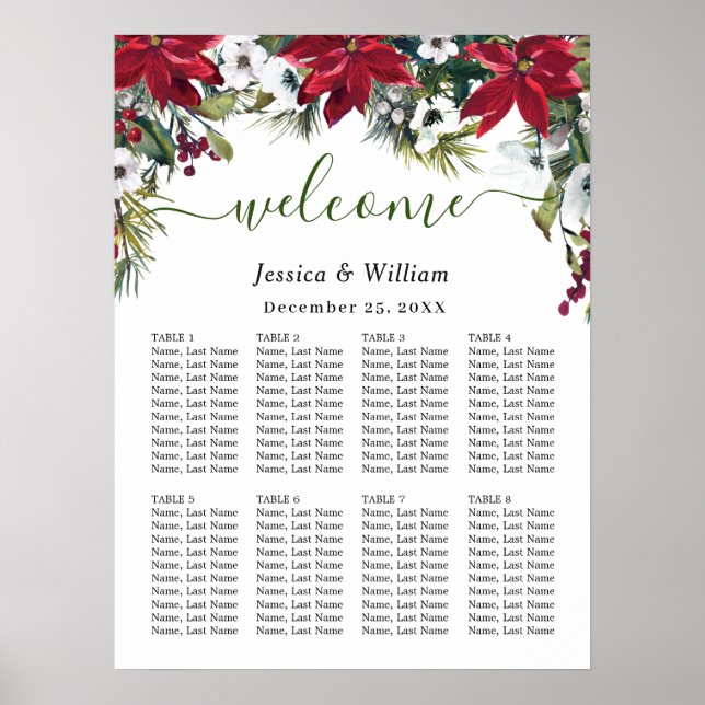 Elegant Poinsettia 8 Bord Bröllop SEATCHART Poster (Framsidan)