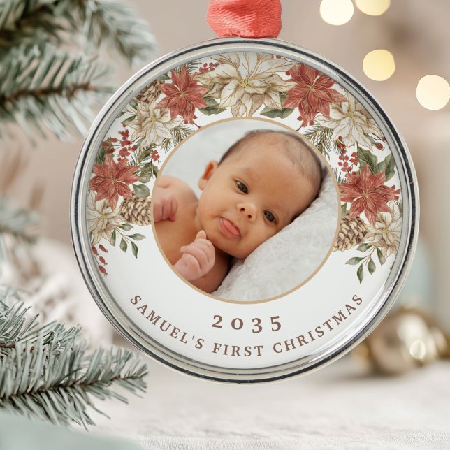 Elegant Poinsettia Baby's First Christmas Photo Julgransprydnad Metall (Skapare uppladdad)