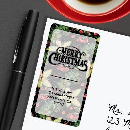 Elegant Poinsettia Berries på Black Returadress Adressetikett