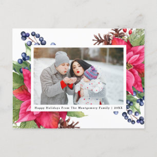 Elegant Poinsettia Berry Navy Personlig Photo Helg Vykort
