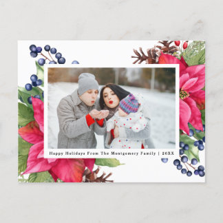 Elegant Poinsettia Berry Navy Personlig Photo Helg Vykort