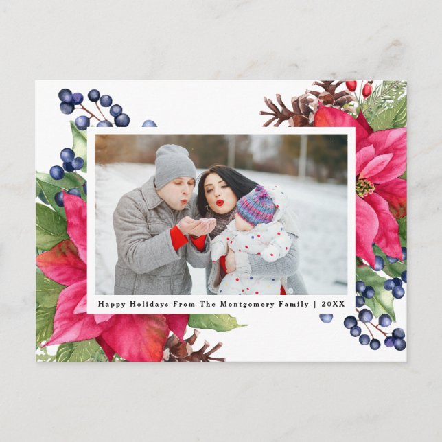 Elegant Poinsettia Berry Navy Personlig Photo Helg Vykort (Framsida)