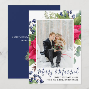 Elegant Poinsettia Blue Merry & Married Photo Julkort