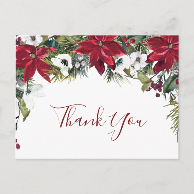 Elegant Poinsettia Bröllop Watercolor Tack Vykort (Framsida)