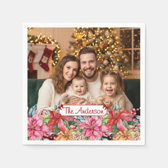 Elegant Poinsettia Floral Border Custom Paper Pappersservett (Framsidan)