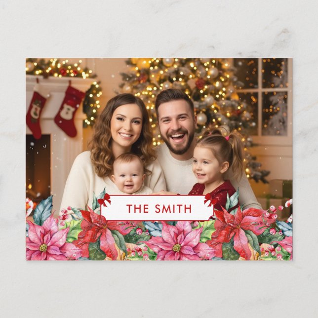 Elegant Poinsettia Floral Border Custom Photo  Helg Vykort (Framsida)