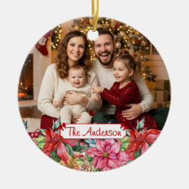 Elegant Poinsettia Floral Border Custom Photo Julgransprydnad Keramik