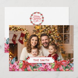 Elegant Poinsettia Floral Border Custom Photo Julkort