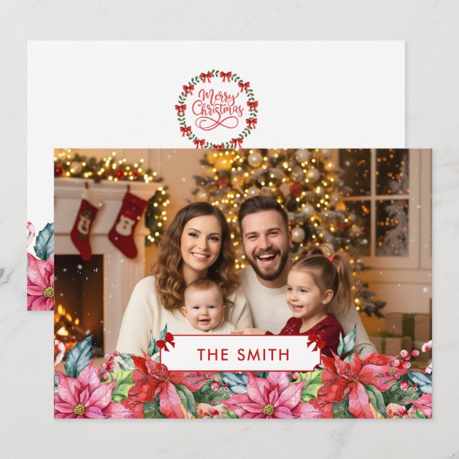 Elegant Poinsettia Floral Border Custom Photo  Julkort (Fram/baksida)