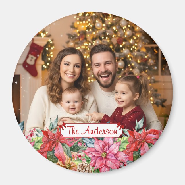 Elegant Poinsettia Floral Border Custom Photo Magnet (Framsidan)