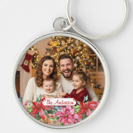 Elegant Poinsettia Floral Border Custom Photo Rund Silverfärgad Nyckelring