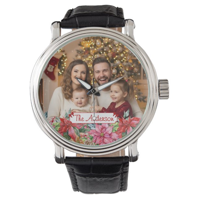 Elegant Poinsettia Floral Border Custom Photos Armbandsur (Framsida)