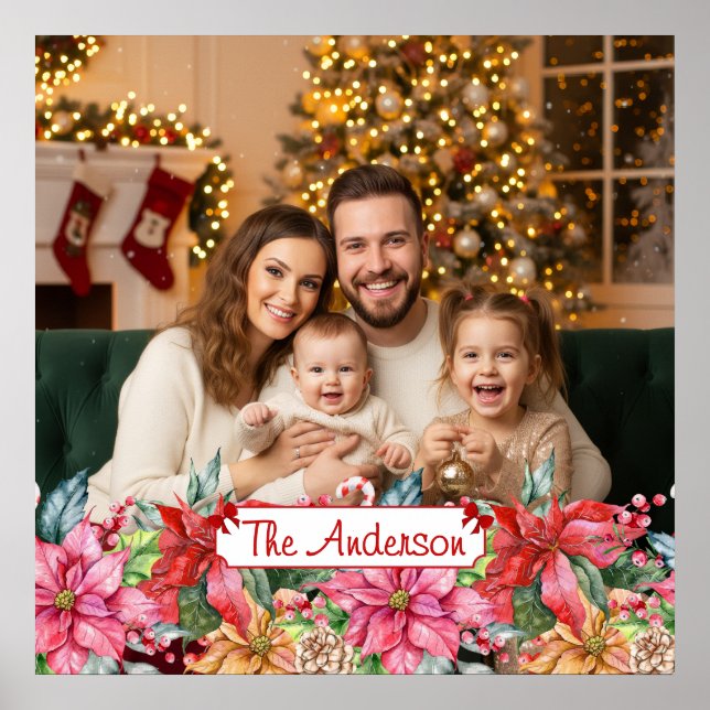 Elegant Poinsettia Floral Border Custom Photos Poster (Framsidan)