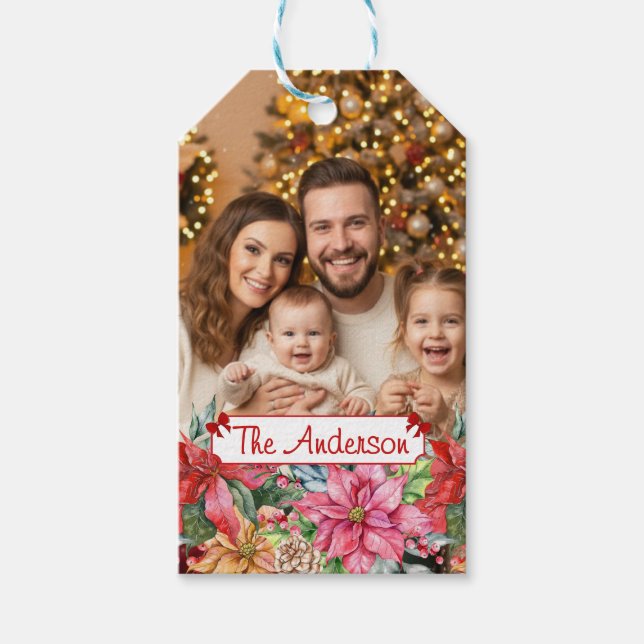 Elegant Poinsettia Floral Border Custom Photos Presentetikett (Framsidan)