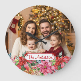 Elegant Poinsettia Floral Border Custom Photos Stor Klocka