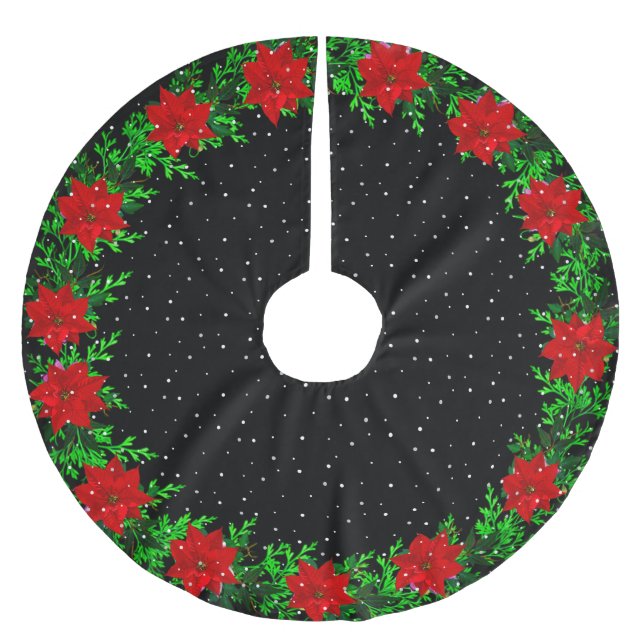 Elegant Poinsettia Flower Garland på Black Julgransmatta Borstad Polyester (Framsidan)