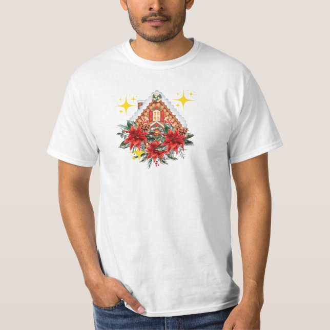 Elegant Poinsettia & Gingerbröd House T Shirt (Framsida)