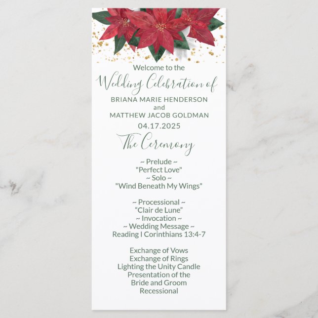 Elegant Poinsettia Grön Jul Bröllopsprogram Program (Framsida)