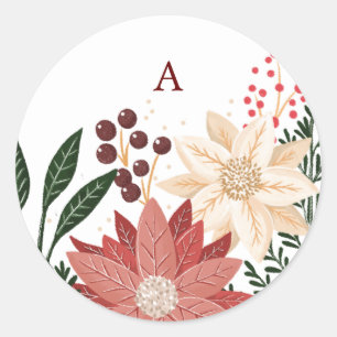 Elegant Poinsettia jul Monogram Watercolor Runt Klistermärke