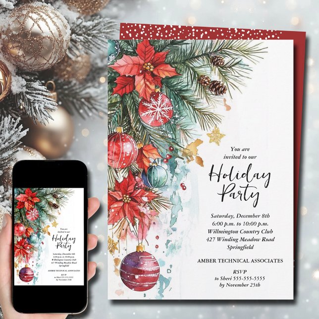 Elegant Poinsettia jul Party Inbjudningar (Elegant Poinsettia Christmas Party Invitations - INSTANT DOWNLOAD and/or PRINTED)