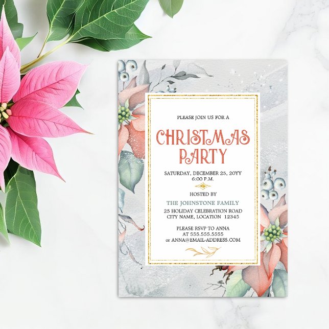 Elegant Poinsettia-Julfesten Inbjudningar (Elegant poinsettia Christmas Holiday party invitation front view.)