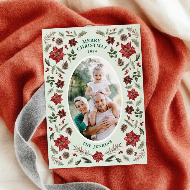 Elegant Poinsettia julfotkort Inbjudningar (Elegant Winter Foliage Merry Christmas Photo Card)